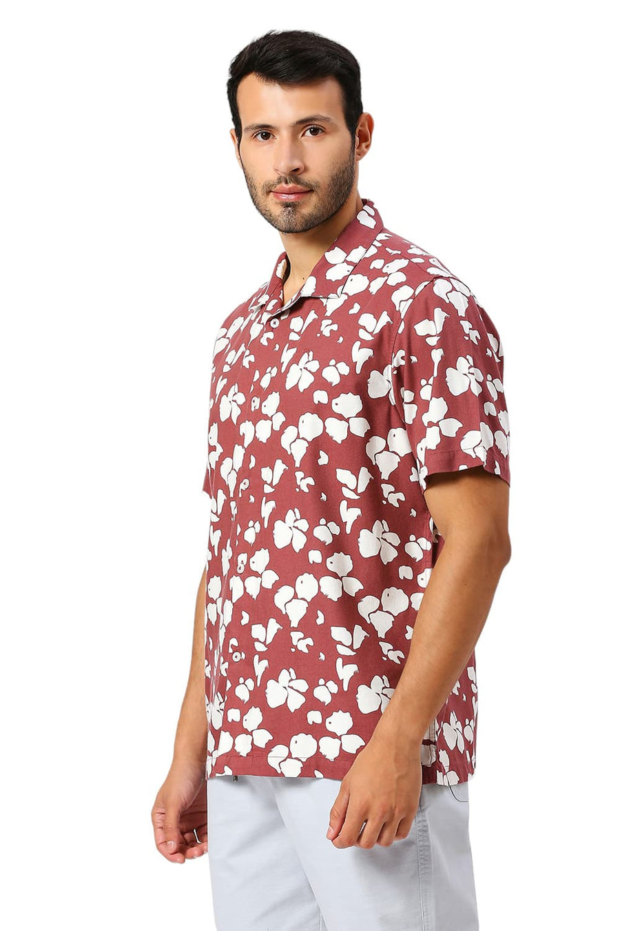 BASICS RELAXED FIT SPICED MAROON COTTON VISCOSE TWILL PRINTED HALFSLEEVES SHIRT
