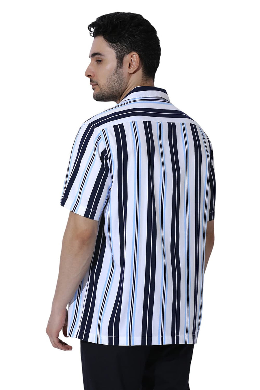 BASICS RELAXED FIT INK NAVY COTTON VISCOSE TWILL STRIPE HALFSLEEVES SHIRT