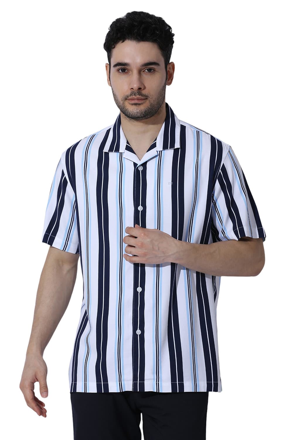 RELAXED FIT COTTON VISCOSE TWILL STRIPE HALFSLEEVES SHIRT