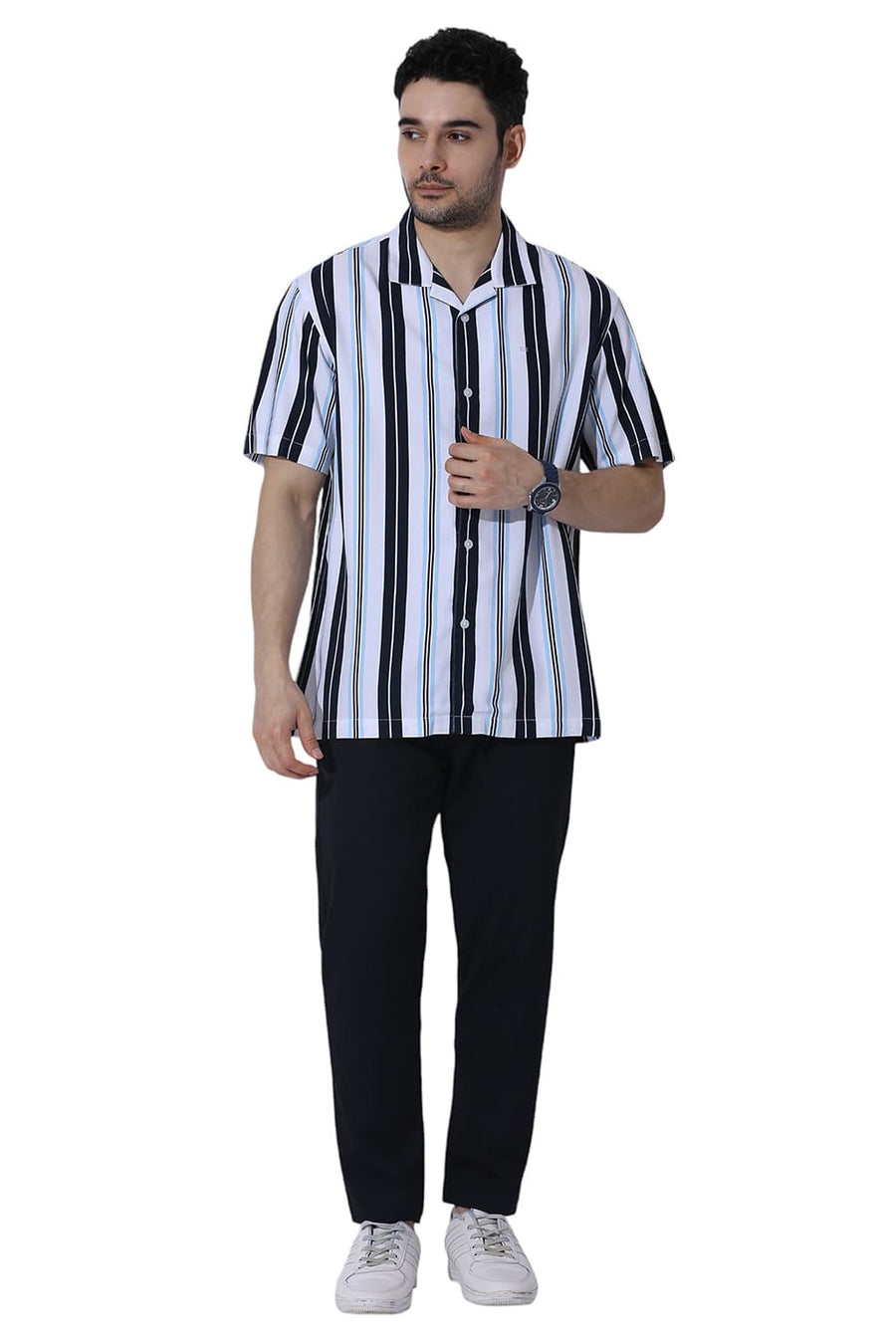 BASICS RELAXED FIT INK NAVY COTTON VISCOSE TWILL STRIPE HALFSLEEVES SHIRT