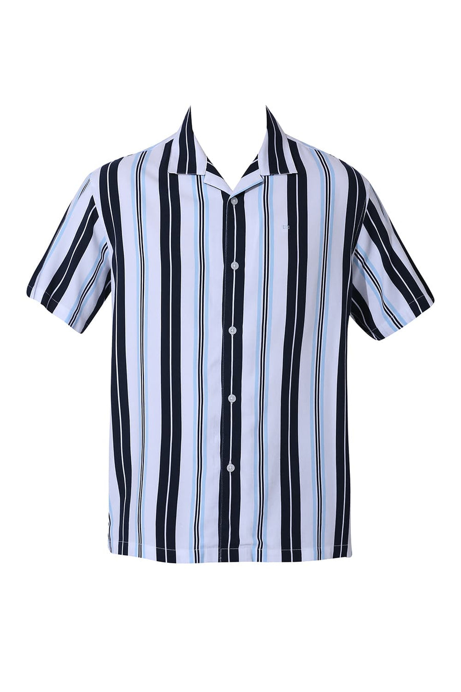 BASICS RELAXED FIT INK NAVY COTTON VISCOSE TWILL STRIPE HALFSLEEVES SHIRT