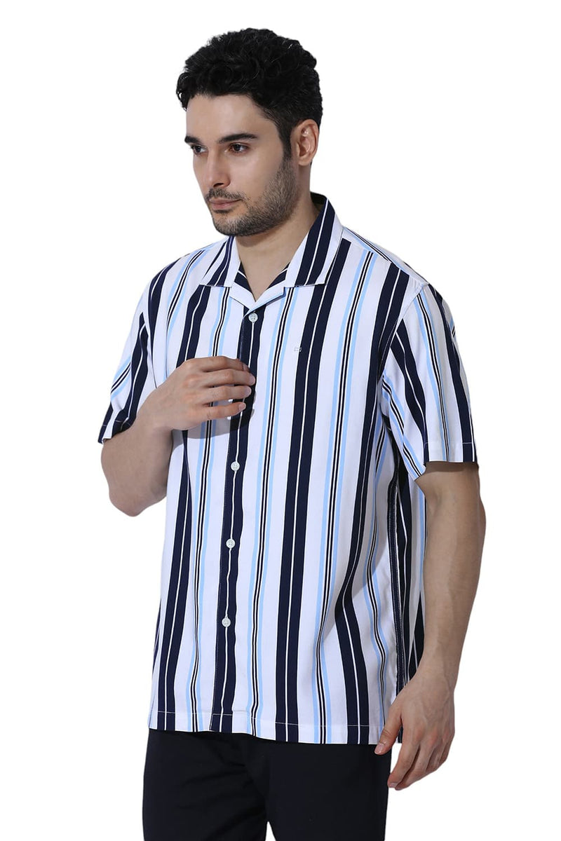 RELAXED FIT COTTON VISCOSE TWILL STRIPE HALFSLEEVES SHIRT