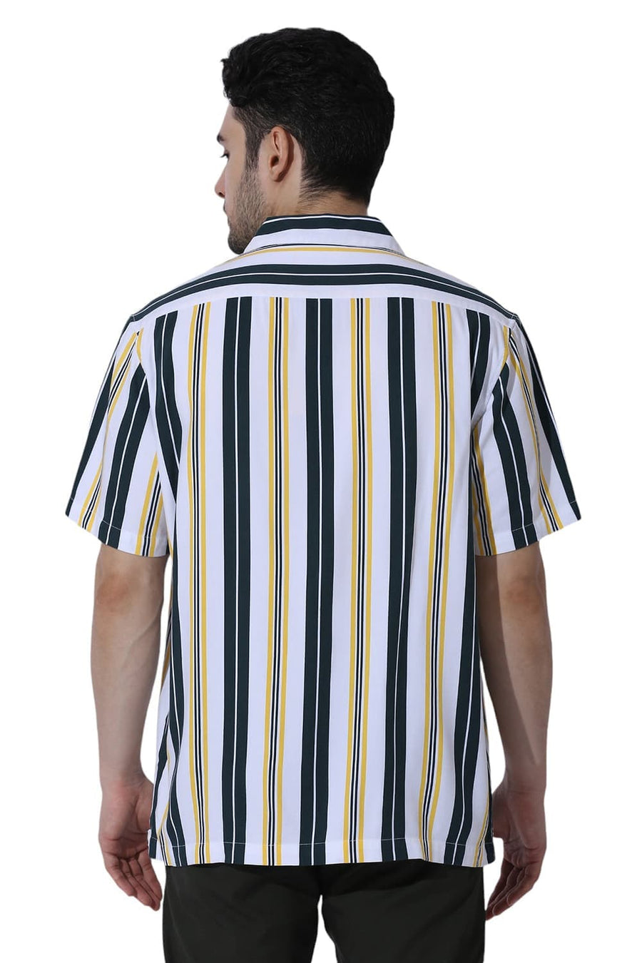 BASICS RELAXED FIT SEA GREEN COTTON VISCOSE TWILL STRIPE HALFSLEEVES SHIRT