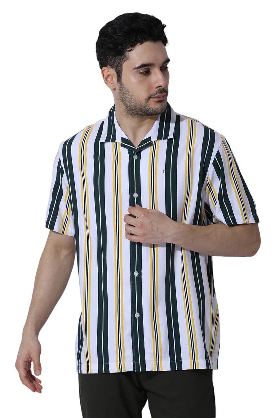 BASICS RELAXED FIT SEA GREEN COTTON VISCOSE TWILL STRIPE HALFSLEEVES SHIRT