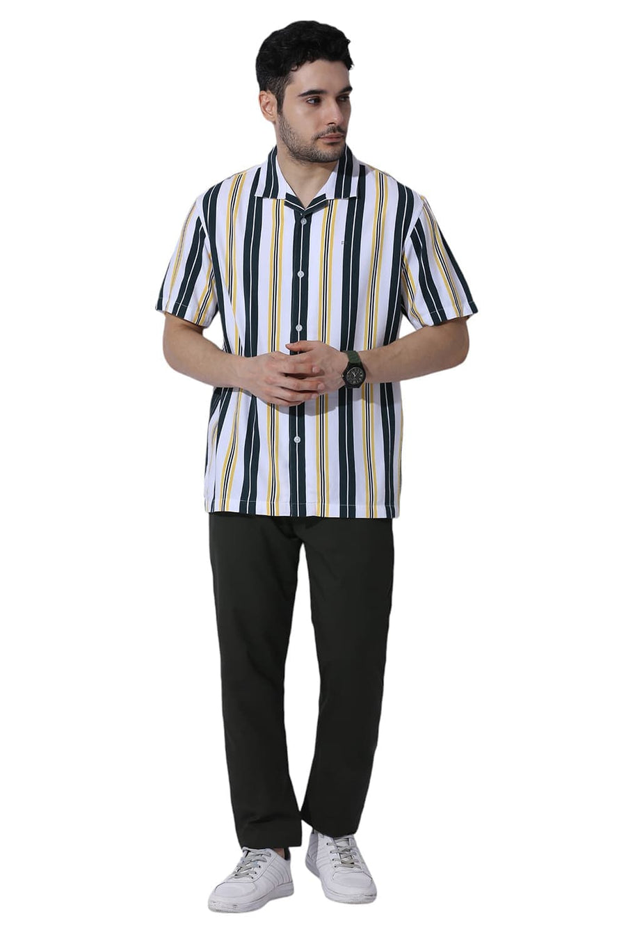 BASICS RELAXED FIT SEA GREEN COTTON VISCOSE TWILL STRIPE HALFSLEEVES SHIRT