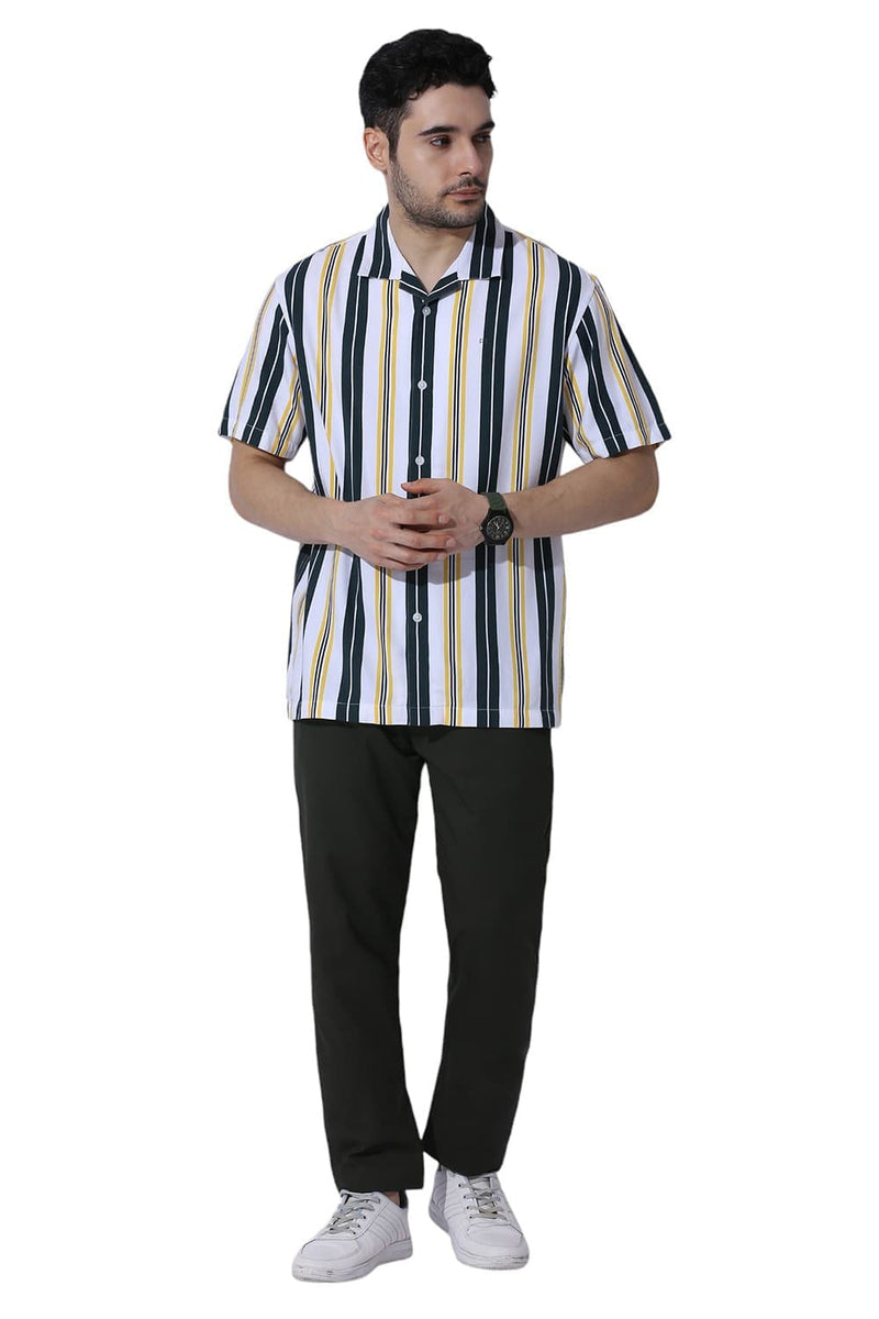 RELAXED FIT COTTON VISCOSE TWILL STRIPE HALFSLEEVES SHIRT