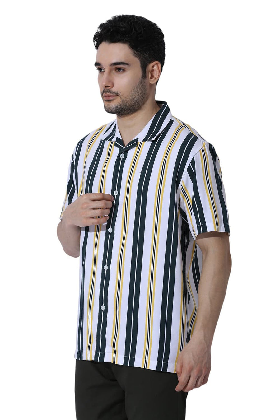 BASICS RELAXED FIT SEA GREEN COTTON VISCOSE TWILL STRIPE HALFSLEEVES SHIRT