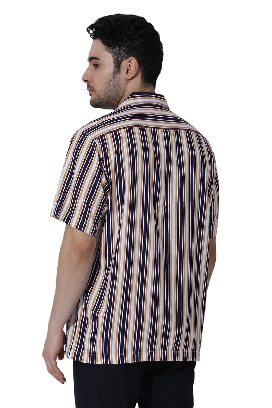 BASICS RELAXED FIT OCEANA BLUE COTTON VISCOSE TWILL STRIPE HALFSLEEVES SHIRT
