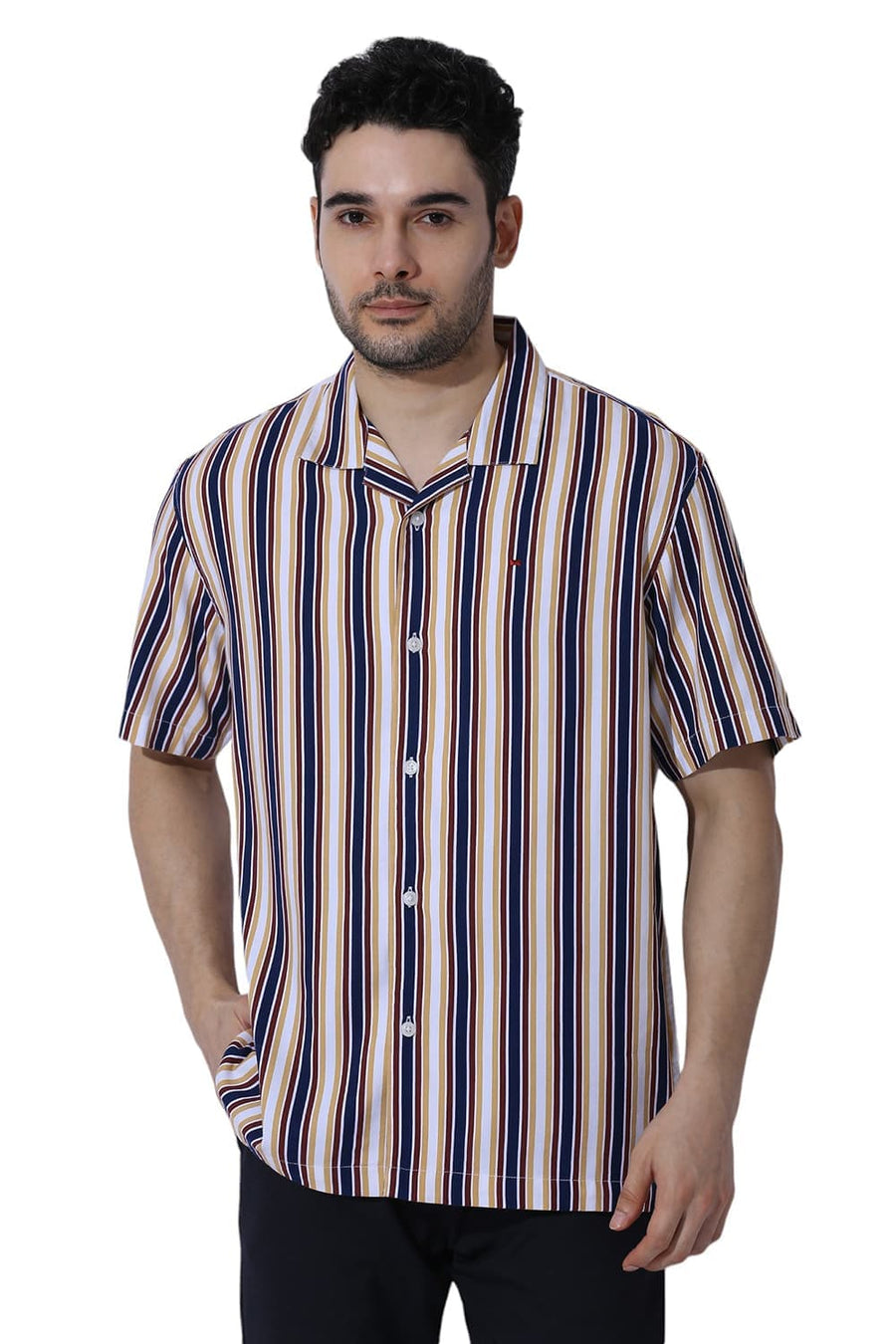 BASICS RELAXED FIT OCEANA BLUE COTTON VISCOSE TWILL STRIPE HALFSLEEVES SHIRT
