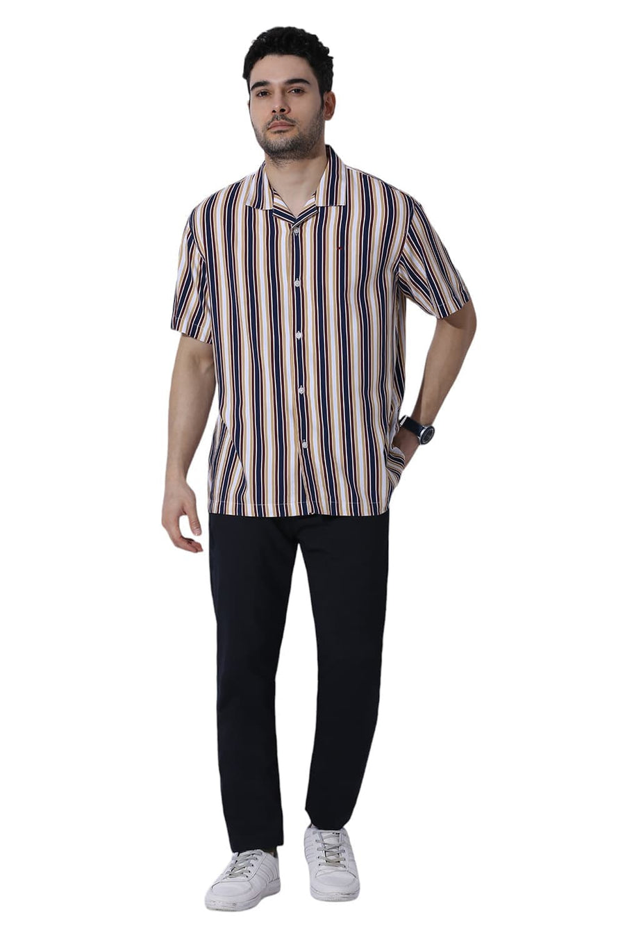 BASICS RELAXED FIT OCEANA BLUE COTTON VISCOSE TWILL STRIPE HALFSLEEVES SHIRT