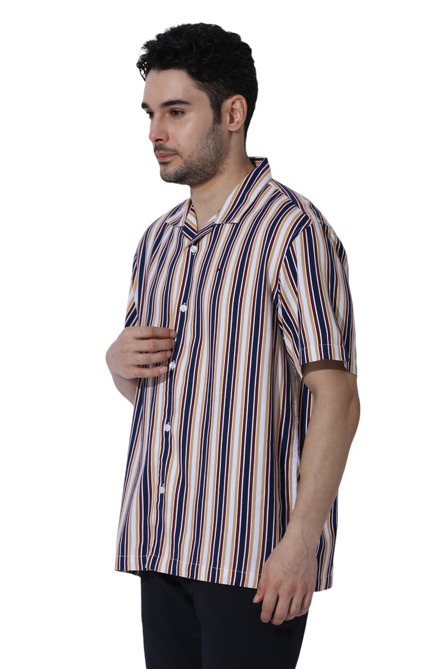BASICS RELAXED FIT OCEANA BLUE COTTON VISCOSE TWILL STRIPE HALFSLEEVES SHIRT
