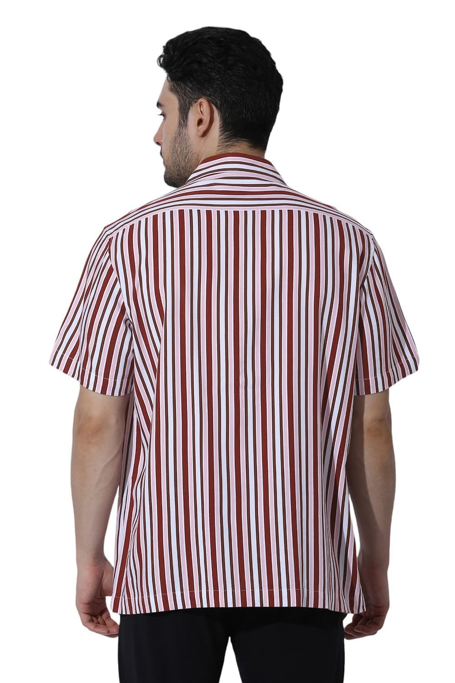 BASICS RELAXED FIT MERLOT MAROON COTTON VISCOSE TWILL STRIPE HALFSLEEVES SHIRT