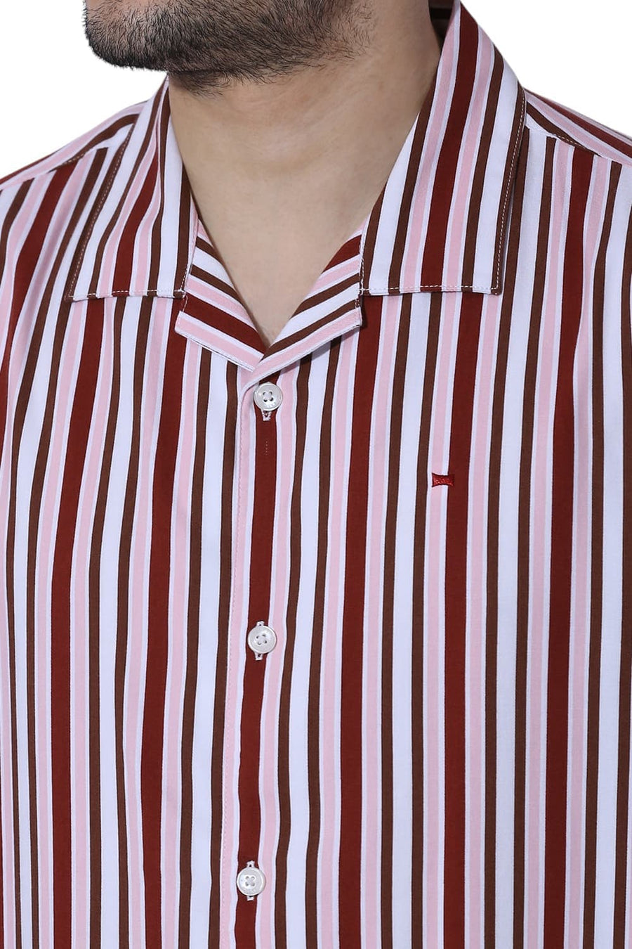 BASICS RELAXED FIT MERLOT MAROON COTTON VISCOSE TWILL STRIPE HALFSLEEVES SHIRT