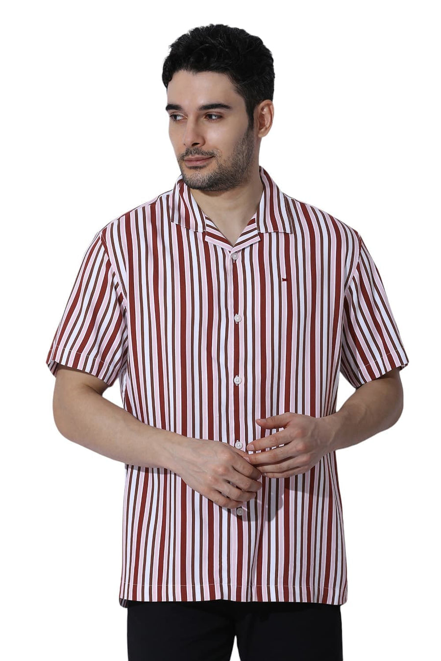 BASICS RELAXED FIT MERLOT MAROON COTTON VISCOSE TWILL STRIPE HALFSLEEVES SHIRT