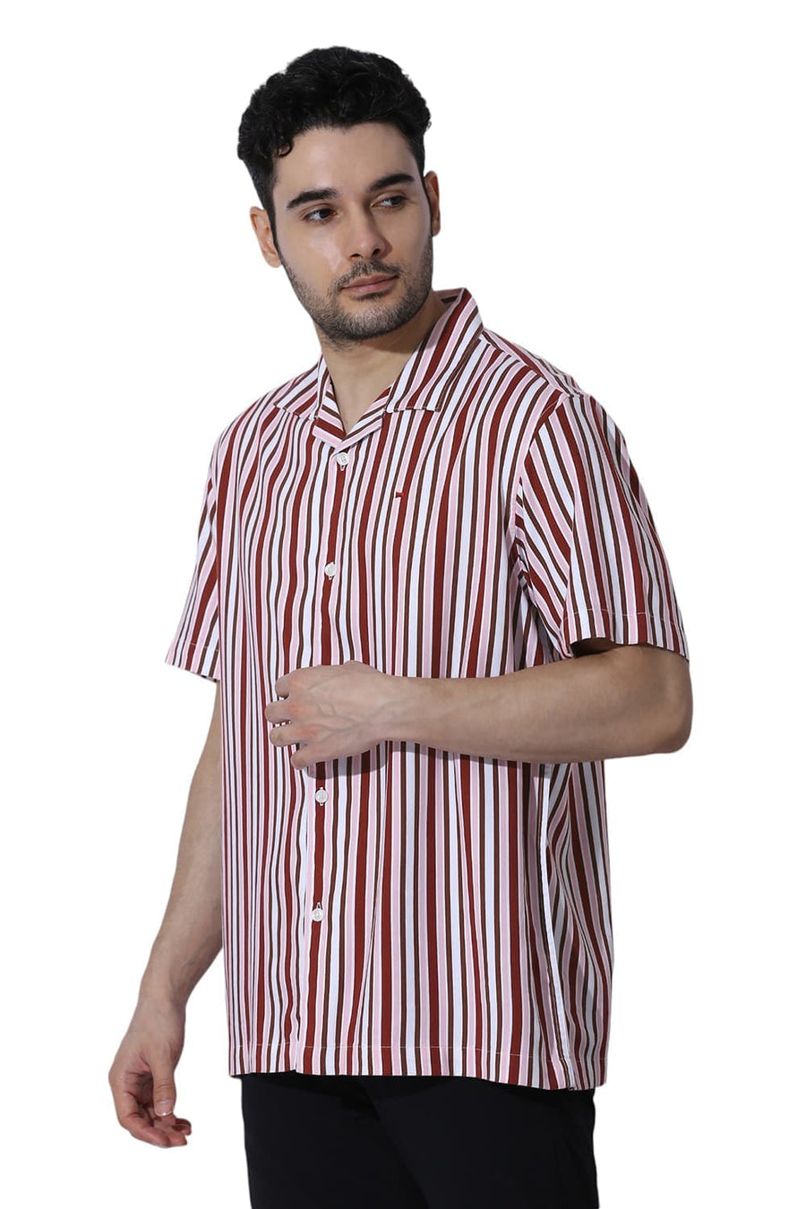 BASICS RELAXED FIT MERLOT MAROON COTTON VISCOSE TWILL STRIPE HALFSLEEVES SHIRT