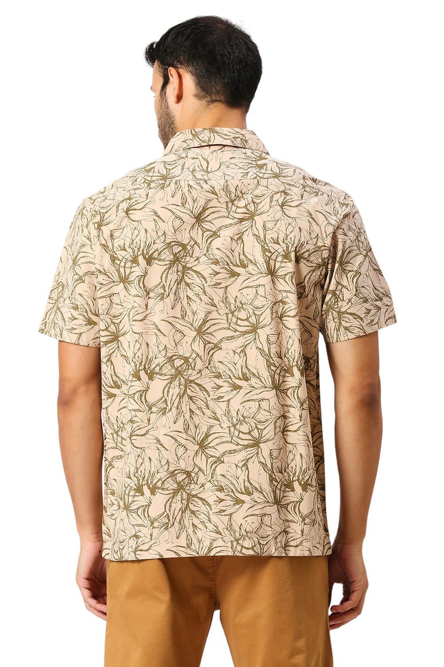 BASICS RELAXED FIT GRAVEL KHAKI COTTON VISCOSE TWILL PRINTED HALFSLEEVES SHIRT