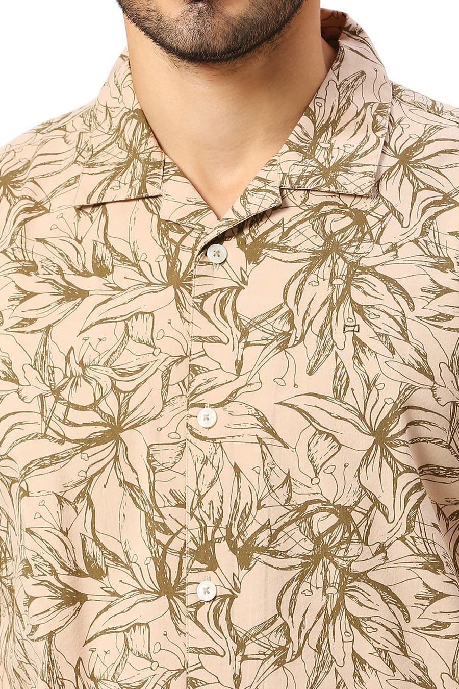BASICS RELAXED FIT GRAVEL KHAKI COTTON VISCOSE TWILL PRINTED HALFSLEEVES SHIRT