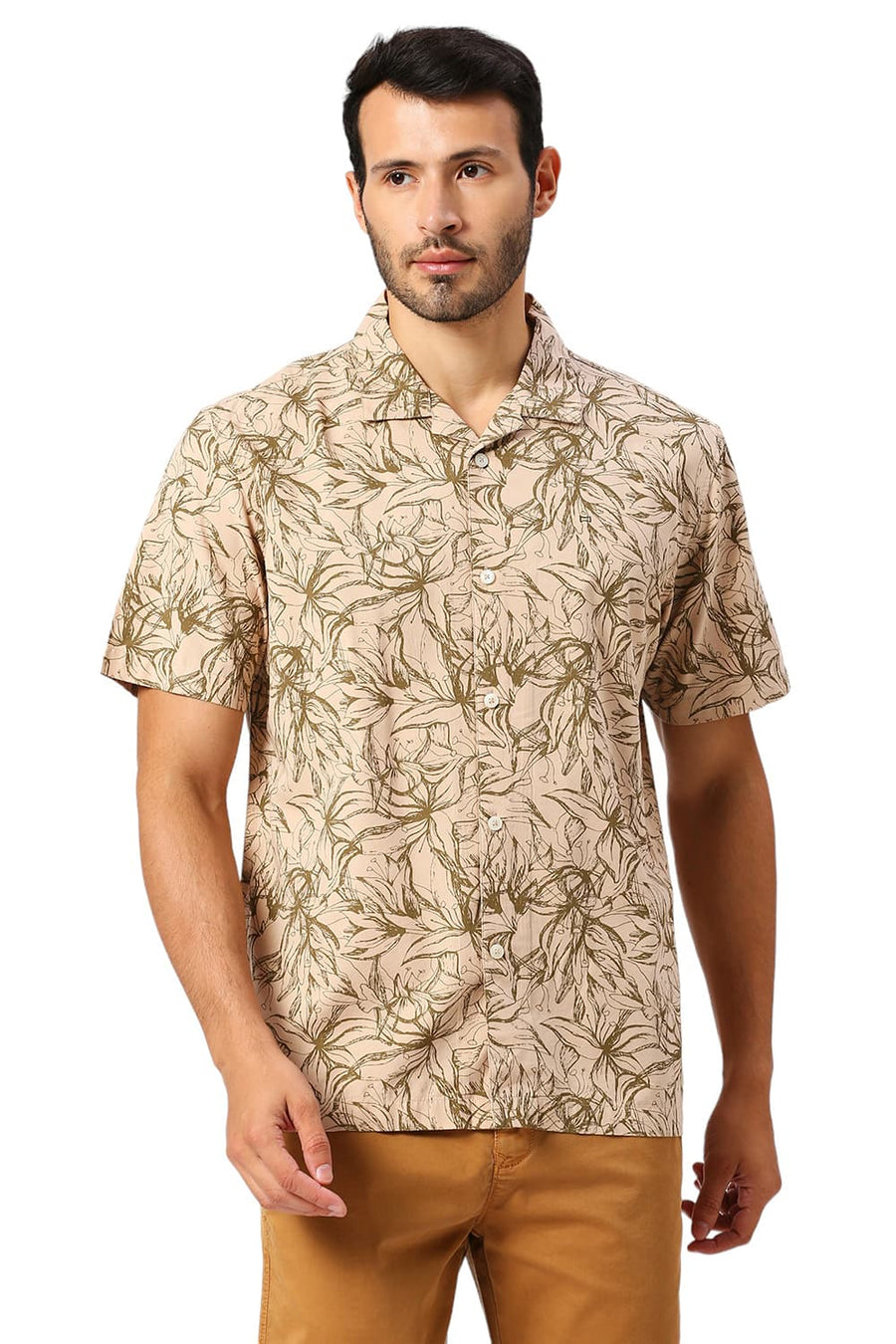 BASICS RELAXED FIT GRAVEL KHAKI COTTON VISCOSE TWILL PRINTED HALFSLEEVES SHIRT