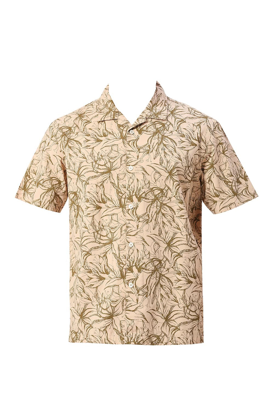 BASICS RELAXED FIT GRAVEL KHAKI COTTON VISCOSE TWILL PRINTED HALFSLEEVES SHIRT