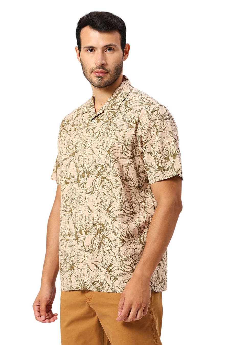 BASICS RELAXED FIT GRAVEL KHAKI COTTON VISCOSE TWILL PRINTED HALFSLEEVES SHIRT
