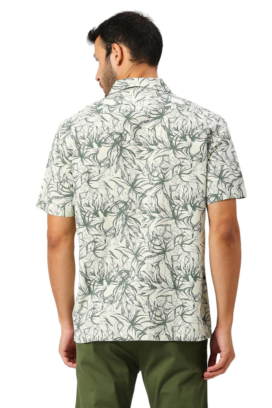 BASICS RELAXED FIT CELA DON GREEN COTTON VISCOSE TWILL PRINTED HALFSLEEVES SHIRT