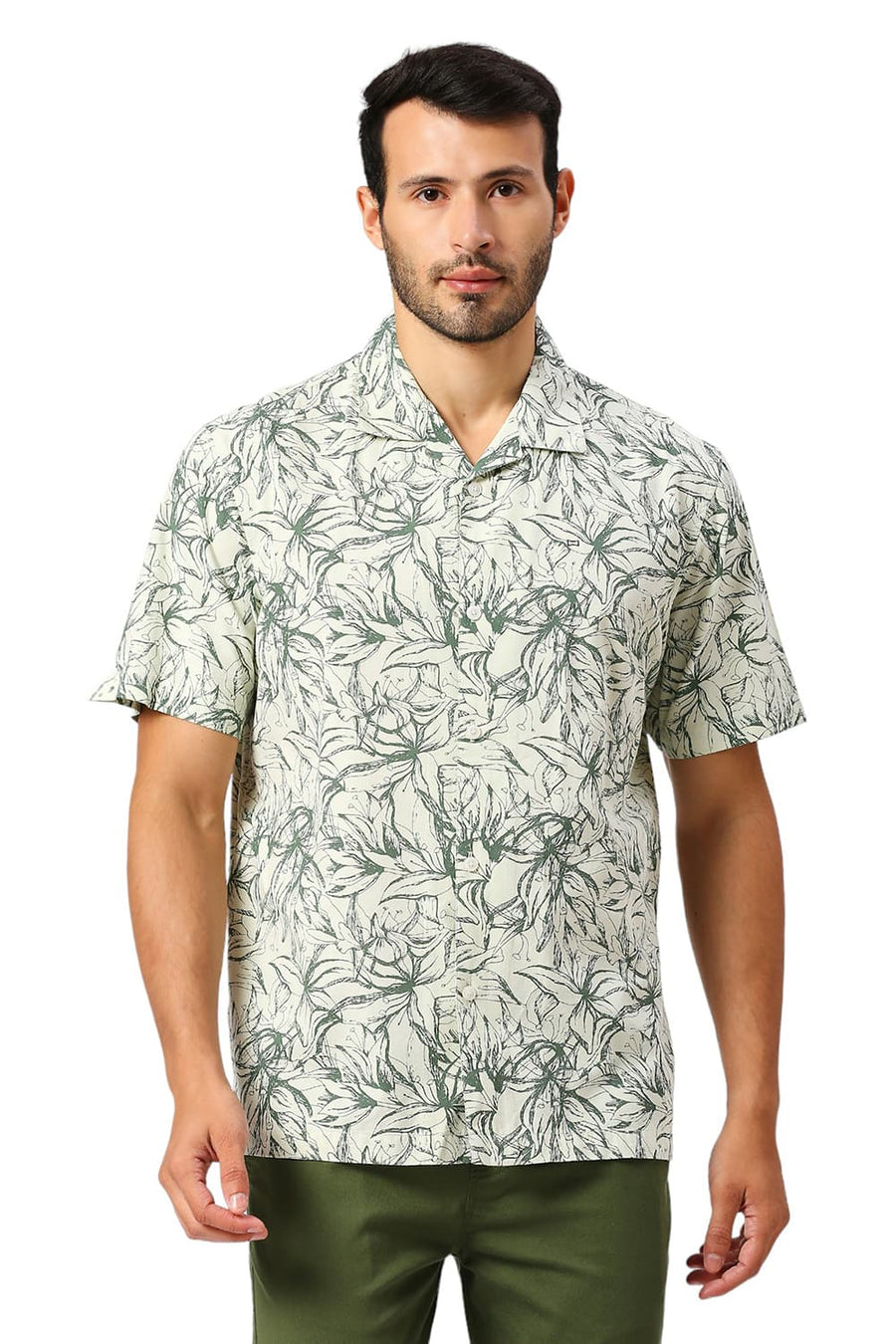BASICS RELAXED FIT CELA DON GREEN COTTON VISCOSE TWILL PRINTED HALFSLEEVES SHIRT