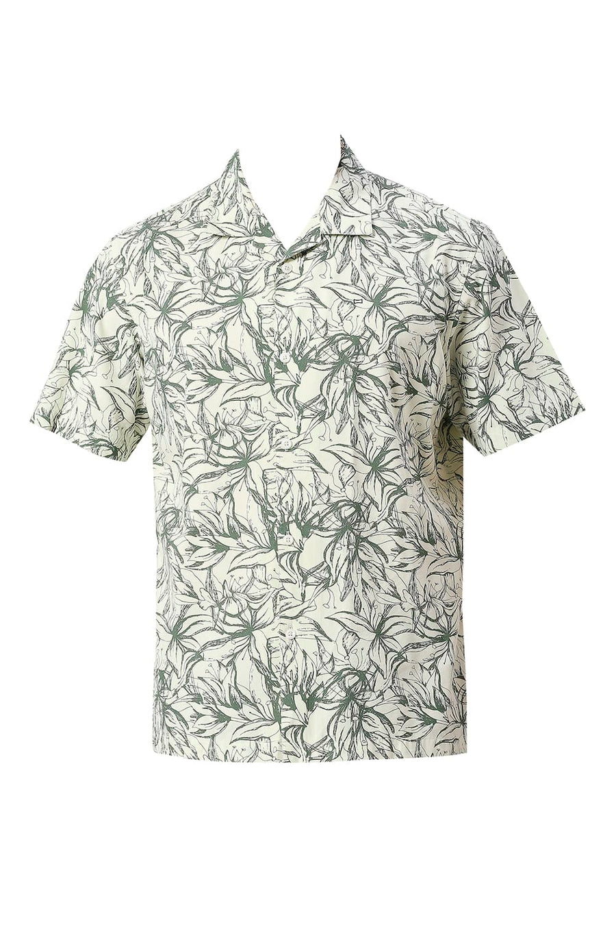 BASICS RELAXED FIT CELA DON GREEN COTTON VISCOSE TWILL PRINTED HALFSLEEVES SHIRT