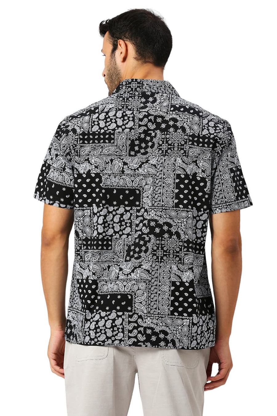 BASICS RELAXED FIT ANTHRACITE BLACK COTTON VISCOSE TWILL PRINTED HALFSLEEVES SHIRT