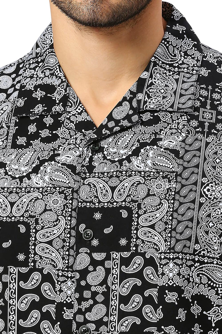 BASICS RELAXED FIT ANTHRACITE BLACK COTTON VISCOSE TWILL PRINTED HALFSLEEVES SHIRT