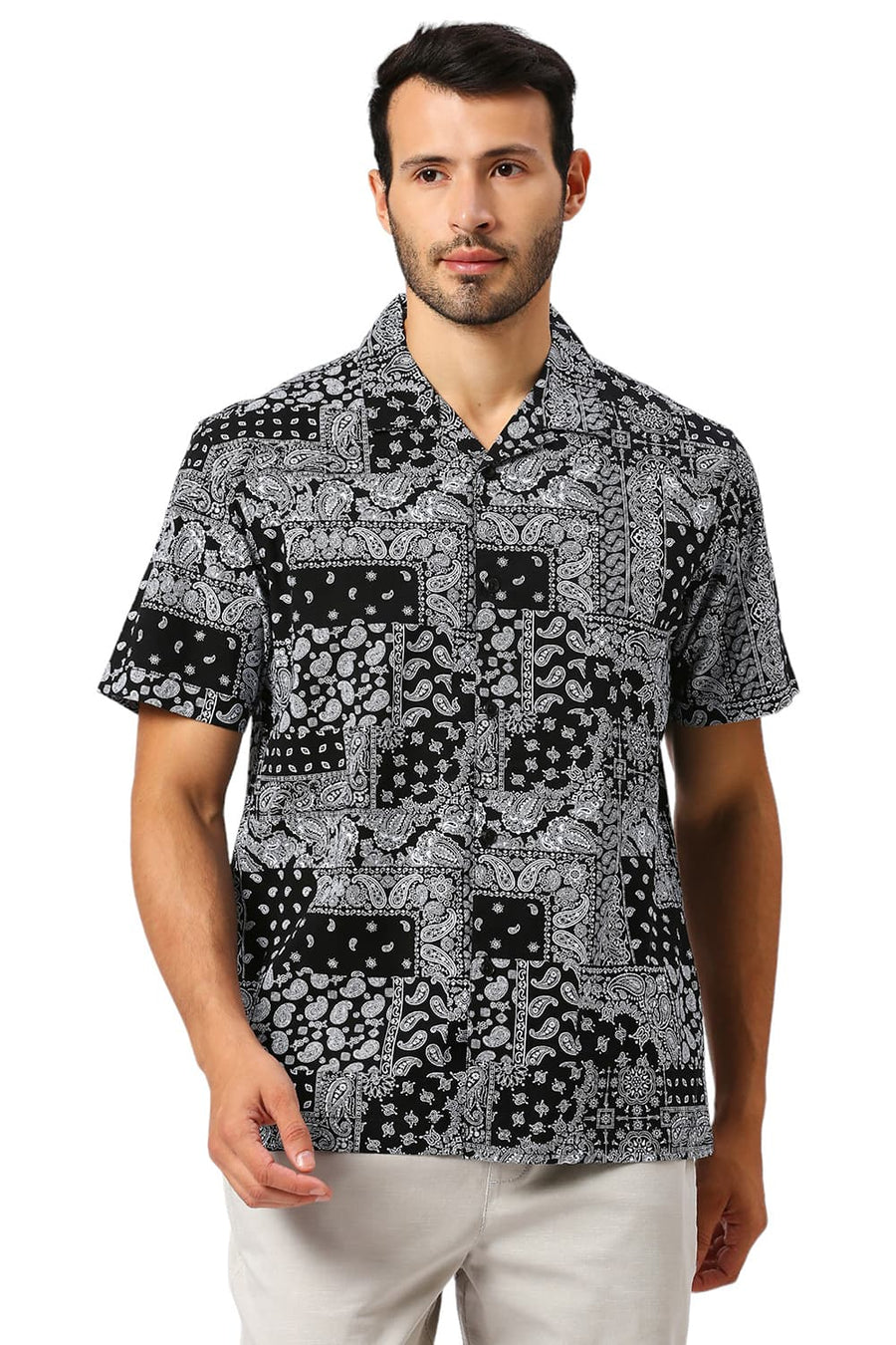 BASICS RELAXED FIT ANTHRACITE BLACK COTTON VISCOSE TWILL PRINTED HALFSLEEVES SHIRT
