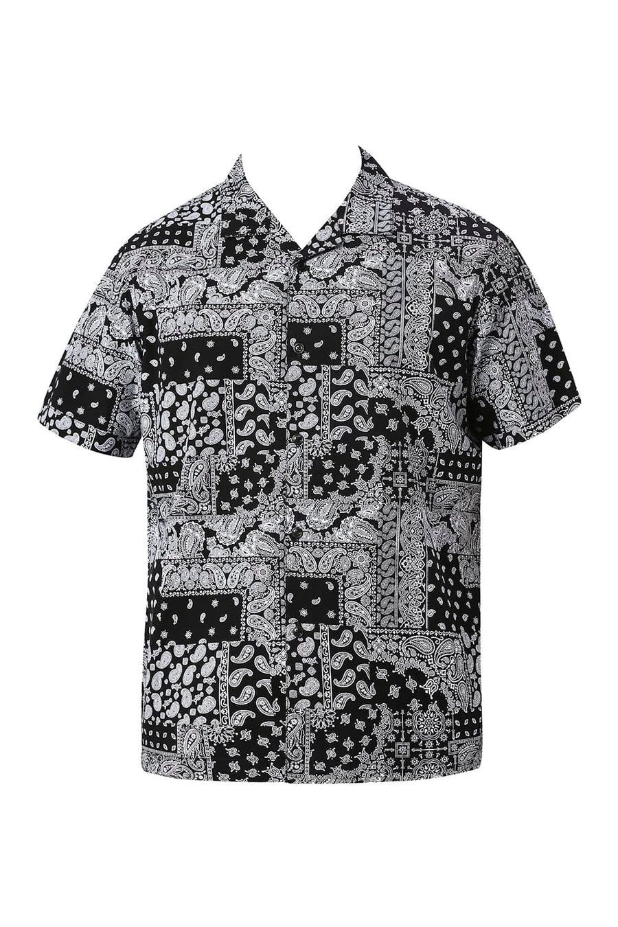 BASICS RELAXED FIT ANTHRACITE BLACK COTTON VISCOSE TWILL PRINTED HALFSLEEVES SHIRT