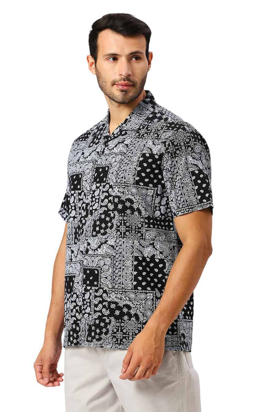 BASICS RELAXED FIT ANTHRACITE BLACK COTTON VISCOSE TWILL PRINTED HALFSLEEVES SHIRT