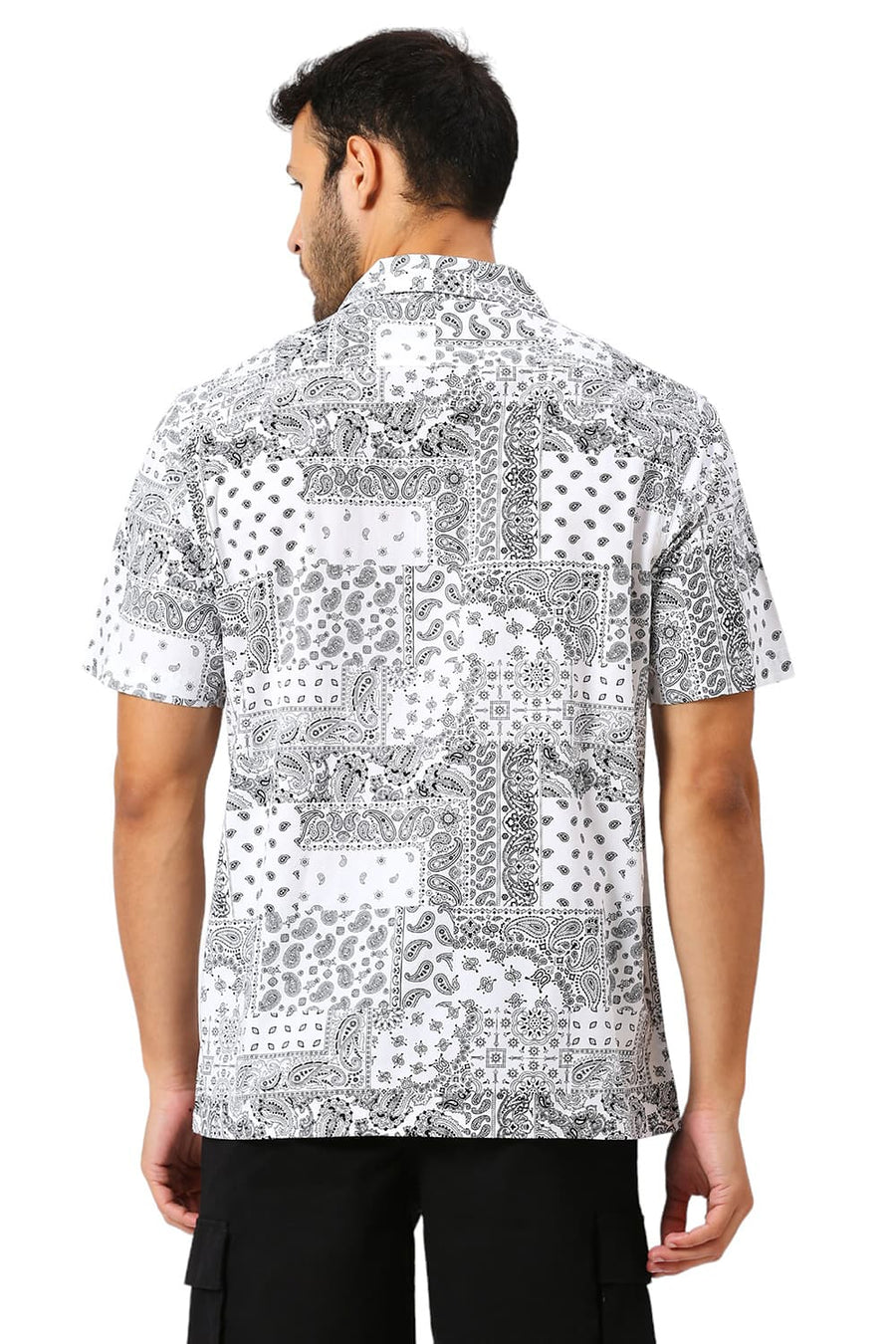 BASICS RELAXED FIT WHITE CLOUD COTTON VISCOSE TWILL PRINTED HALFSLEEVES SHIRT