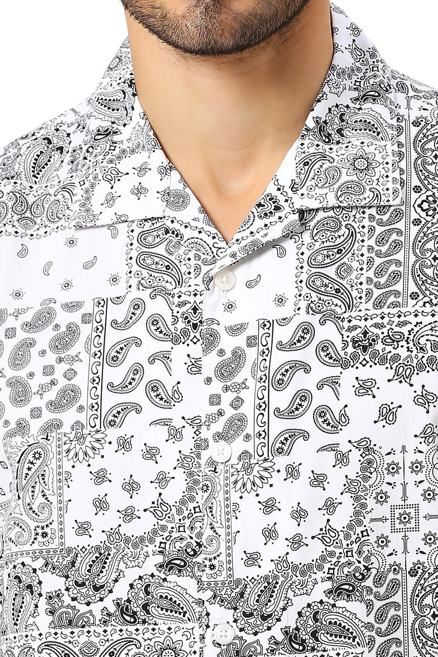 BASICS RELAXED FIT WHITE CLOUD COTTON VISCOSE TWILL PRINTED HALFSLEEVES SHIRT