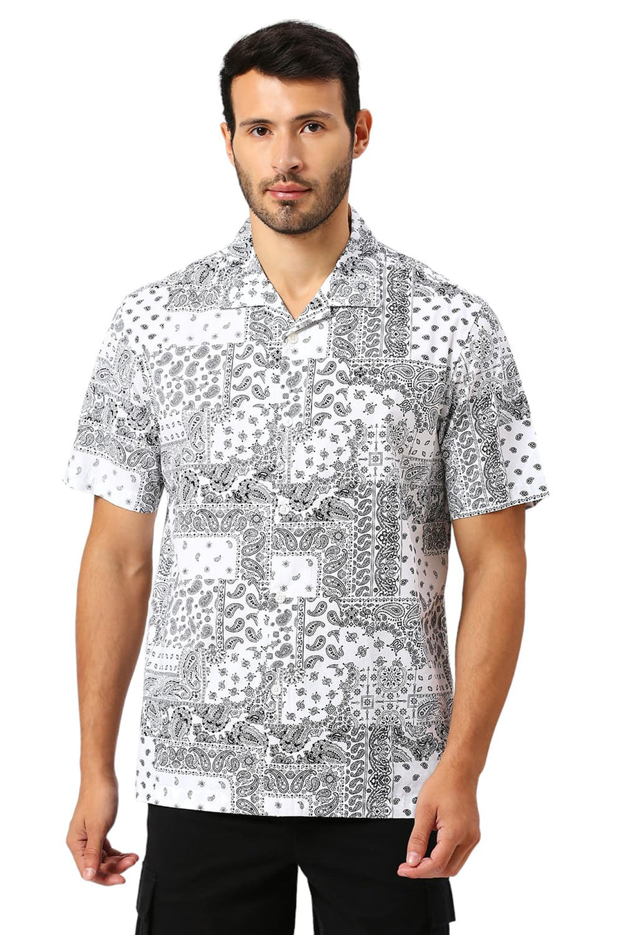 BASICS RELAXED FIT WHITE CLOUD COTTON VISCOSE TWILL PRINTED HALFSLEEVES SHIRT