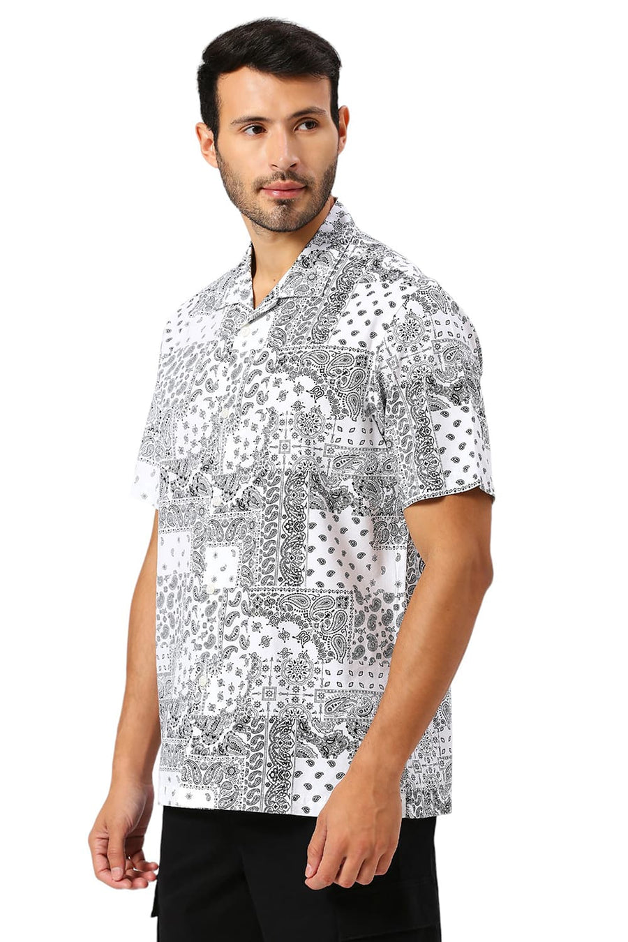 BASICS RELAXED FIT WHITE CLOUD COTTON VISCOSE TWILL PRINTED HALFSLEEVES SHIRT