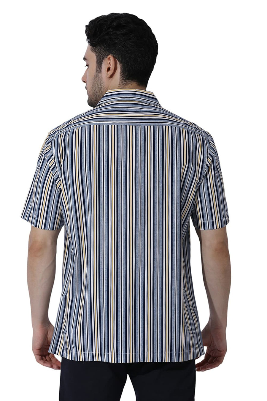 BASICS RELAXED FIT NAVAL BLUE COTTON VISCOSE TWILL STRIPE HALFSLEEVES SHIRT