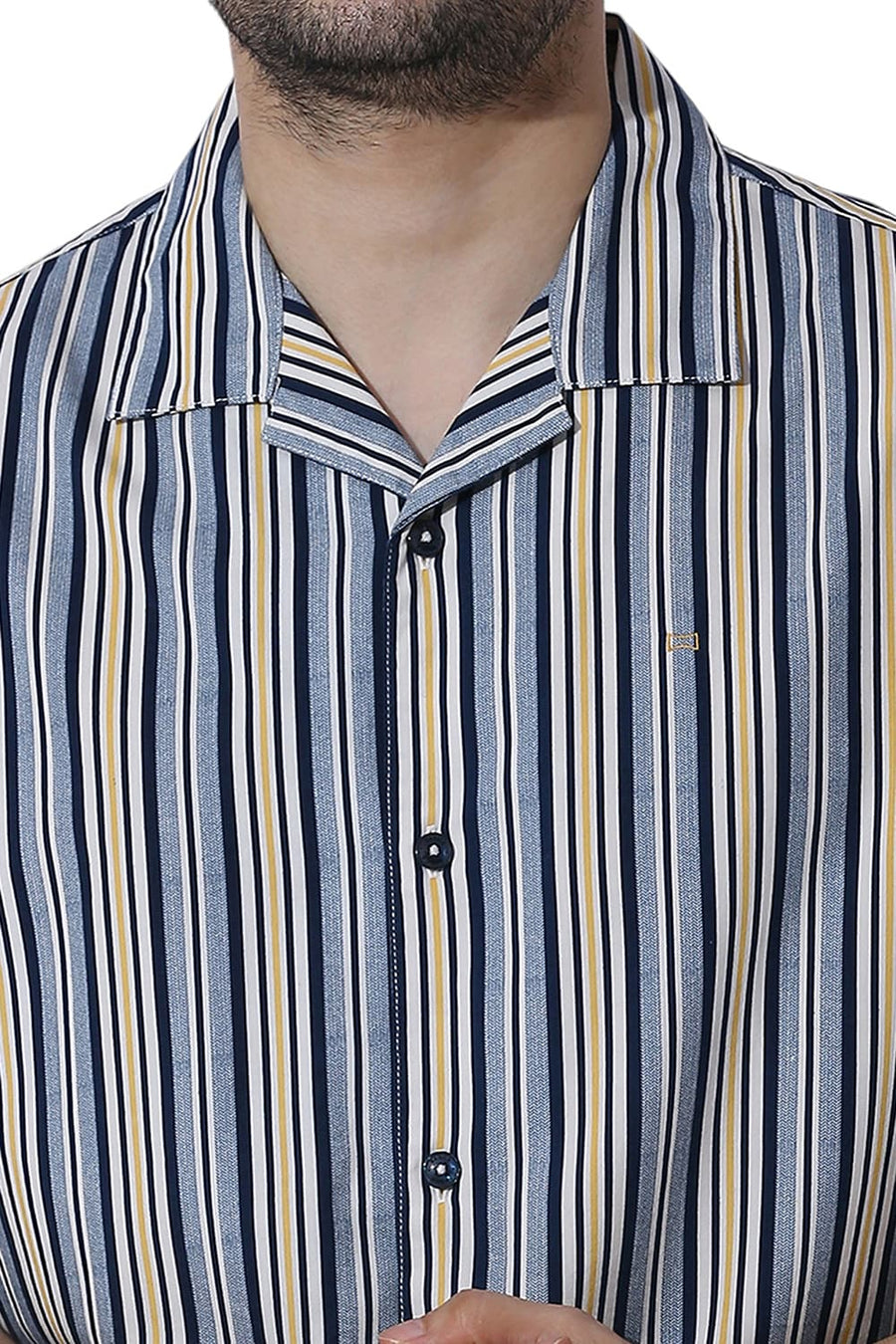 BASICS RELAXED FIT NAVAL BLUE COTTON VISCOSE TWILL STRIPE HALFSLEEVES SHIRT