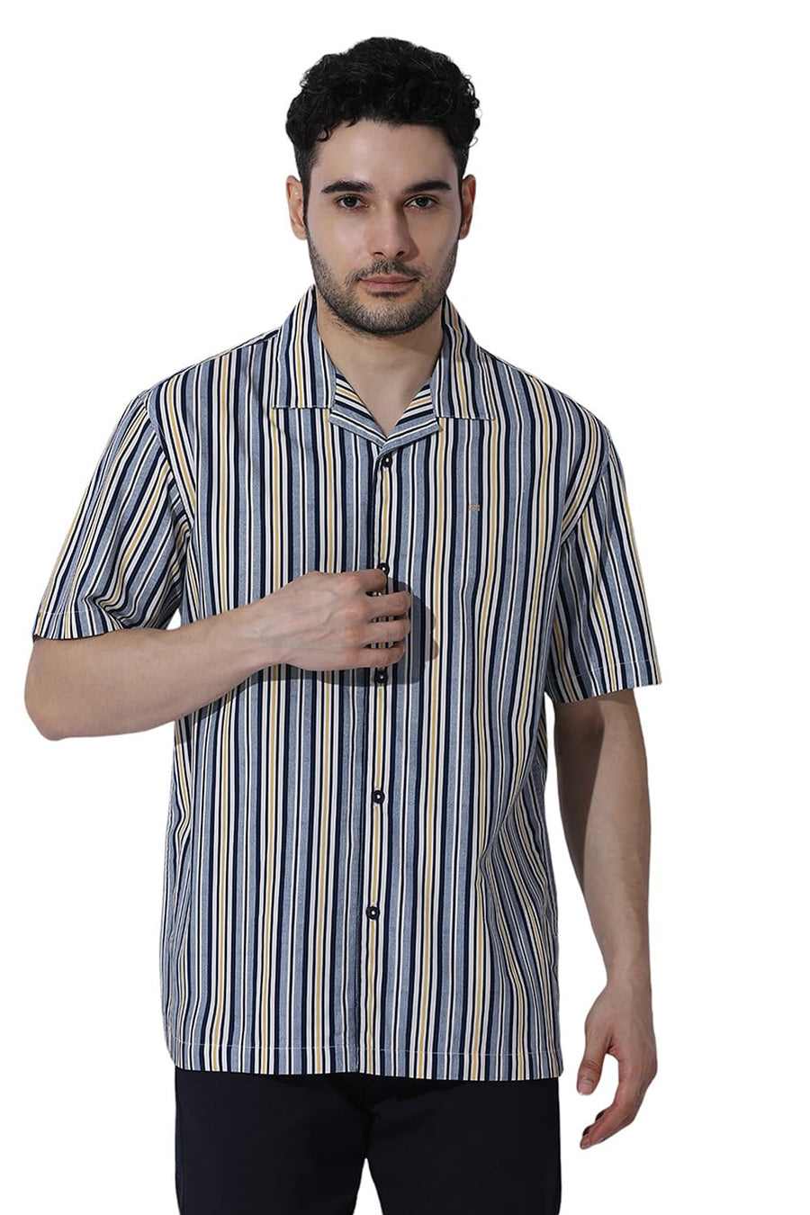 BASICS RELAXED FIT NAVAL BLUE COTTON VISCOSE TWILL STRIPE HALFSLEEVES SHIRT
