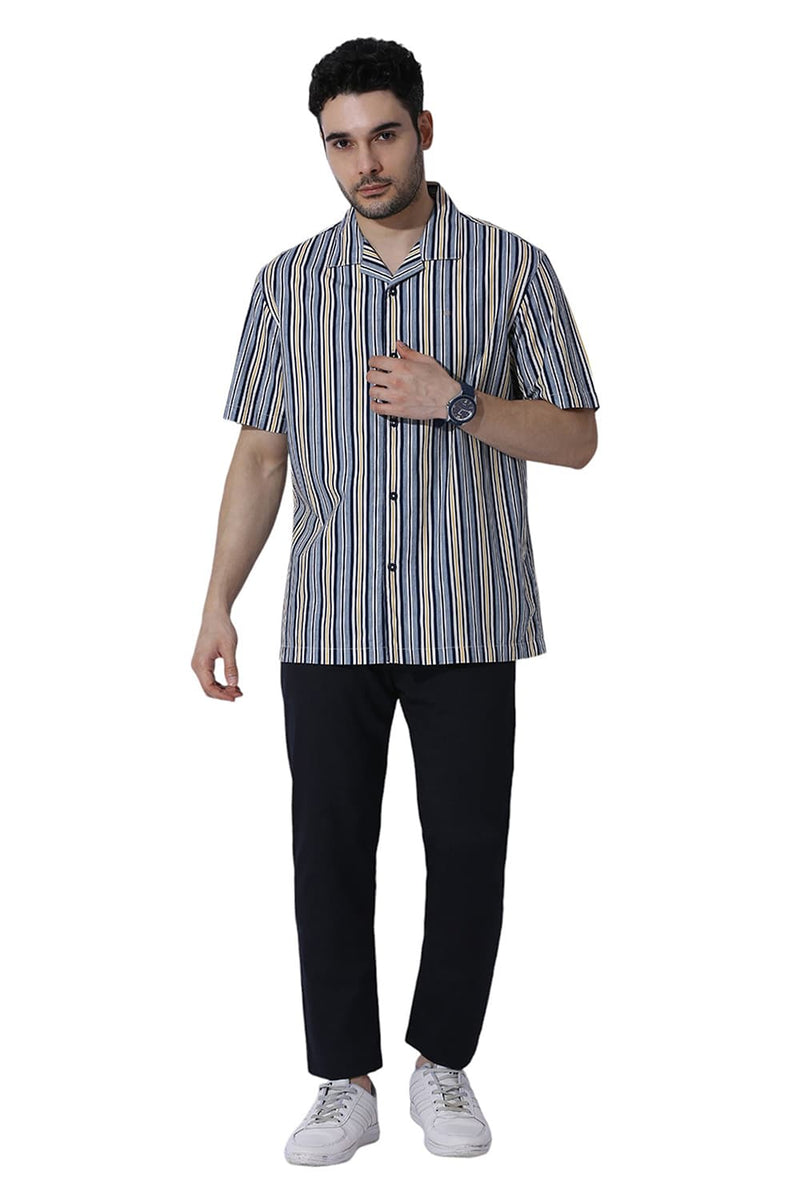 RELAXED FIT COTTON VISCOSE TWILL STRIPE HALFSLEEVES SHIRT