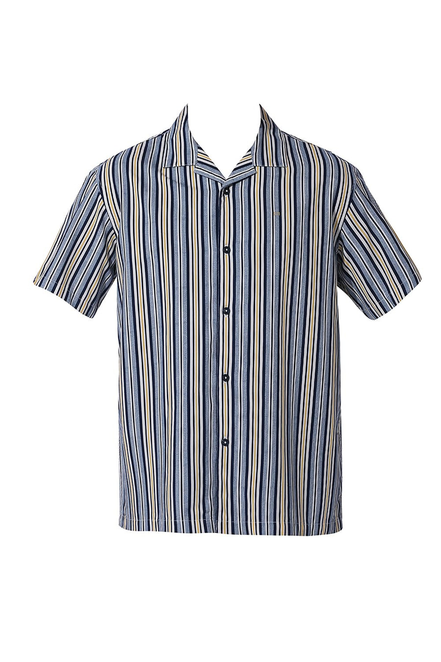 BASICS RELAXED FIT NAVAL BLUE COTTON VISCOSE TWILL STRIPE HALFSLEEVES SHIRT