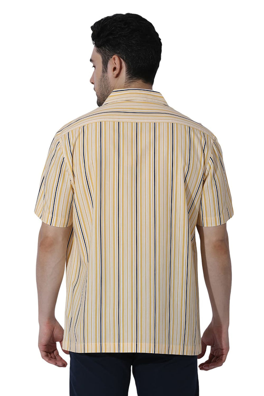 BASICS RELAXED FIT YELLOW HAZE COTTON VISCOSE TWILL STRIPE HALFSLEEVES SHIRT
