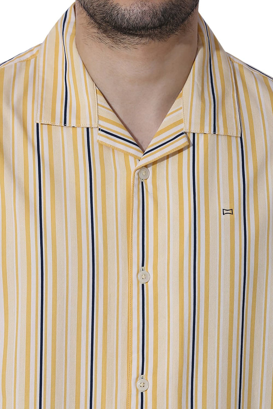 BASICS RELAXED FIT YELLOW HAZE COTTON VISCOSE TWILL STRIPE HALFSLEEVES SHIRT