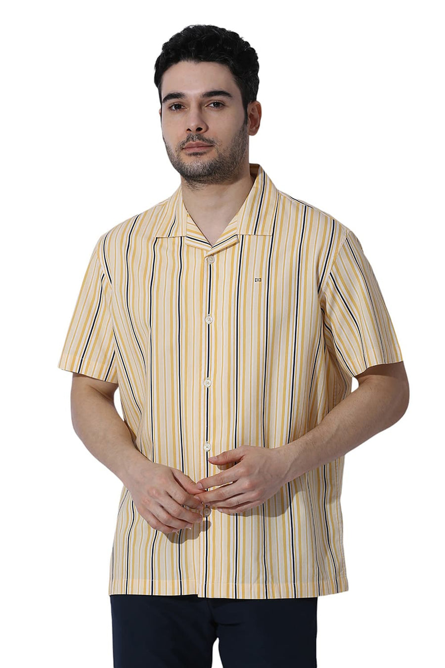 BASICS RELAXED FIT YELLOW HAZE COTTON VISCOSE TWILL STRIPE HALFSLEEVES SHIRT