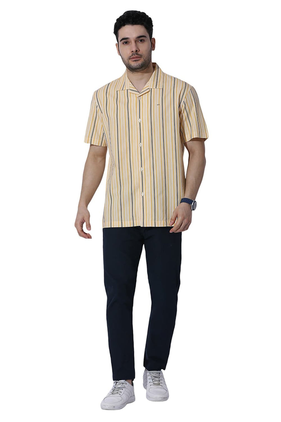 BASICS RELAXED FIT YELLOW HAZE COTTON VISCOSE TWILL STRIPE HALFSLEEVES SHIRT