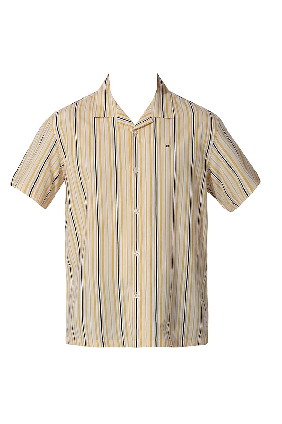 BASICS RELAXED FIT YELLOW HAZE COTTON VISCOSE TWILL STRIPE HALFSLEEVES SHIRT