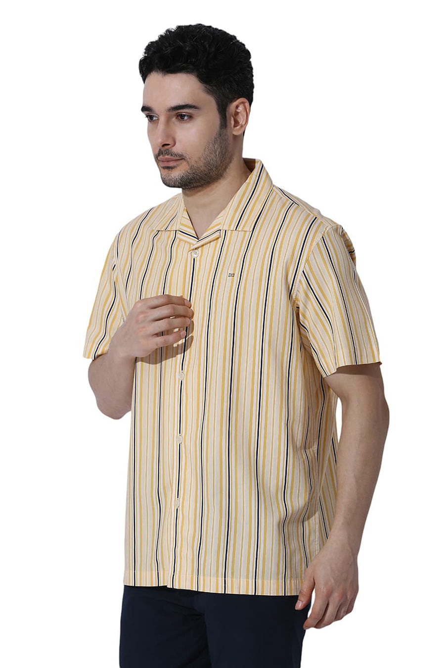 BASICS RELAXED FIT YELLOW HAZE COTTON VISCOSE TWILL STRIPE HALFSLEEVES SHIRT