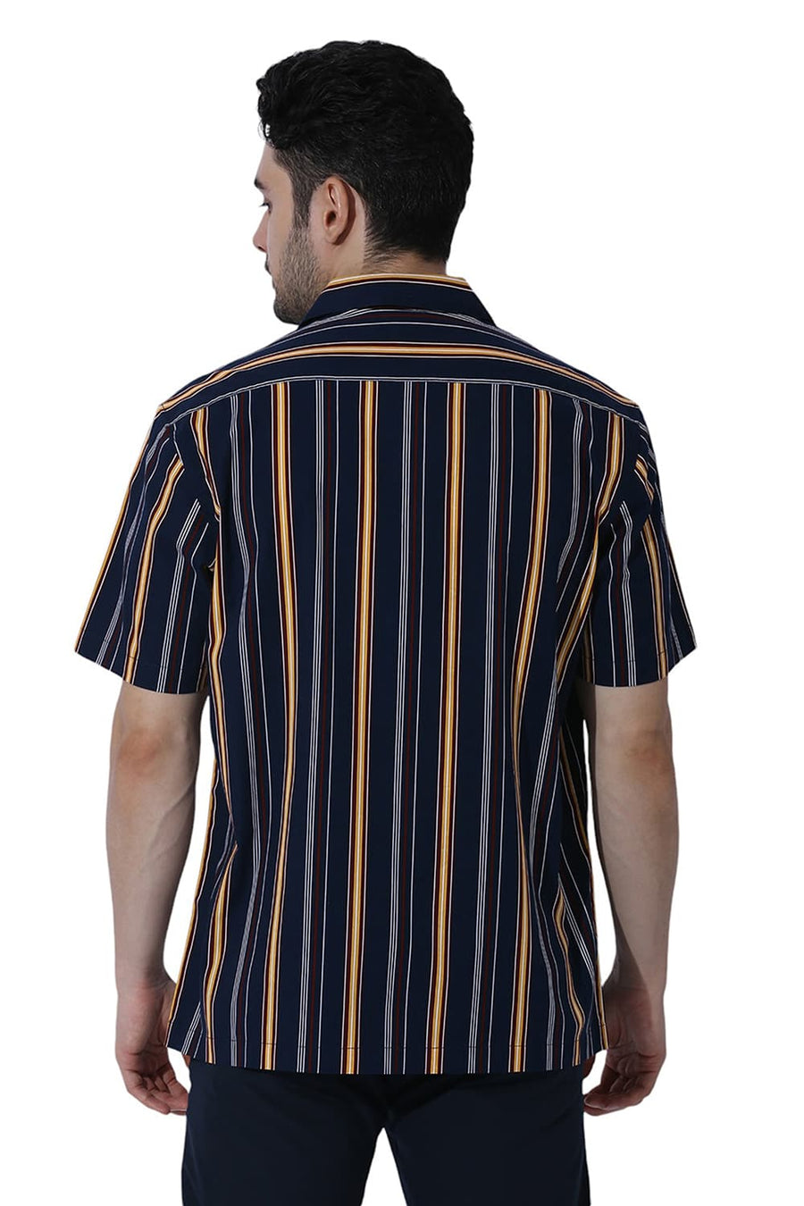 BASICS RELAXED FIT NAVY BLAZER COTTON VISCOSE TWILL STRIPE HALFSLEEVES SHIRT