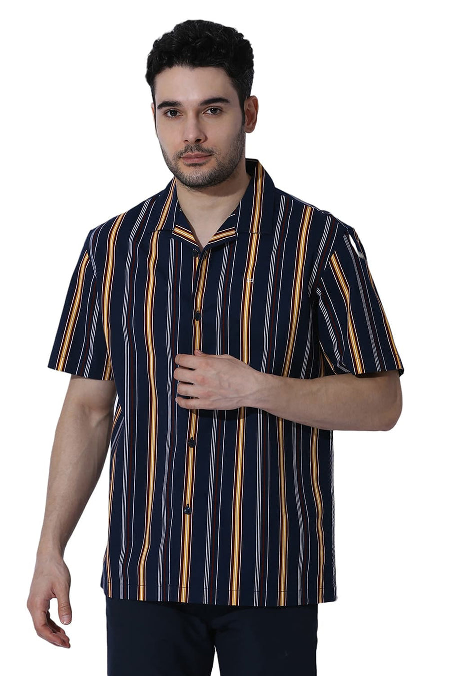 BASICS RELAXED FIT NAVY BLAZER COTTON VISCOSE TWILL STRIPE HALFSLEEVES SHIRT