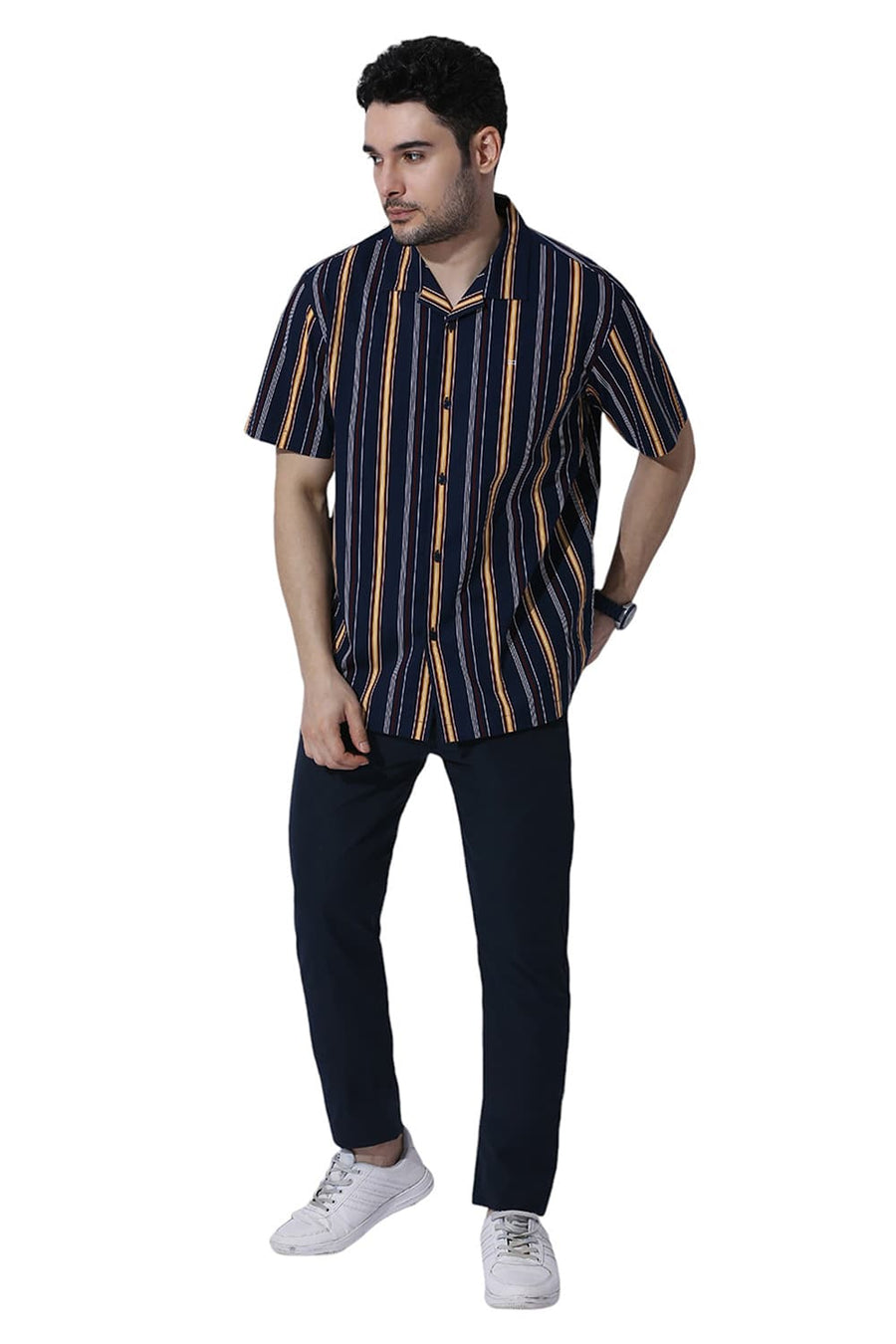 BASICS RELAXED FIT NAVY BLAZER COTTON VISCOSE TWILL STRIPE HALFSLEEVES SHIRT